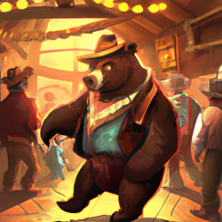 A grizzly bear dressed as a cowboy walking into a crowded saloon bar during the wild west, digital art