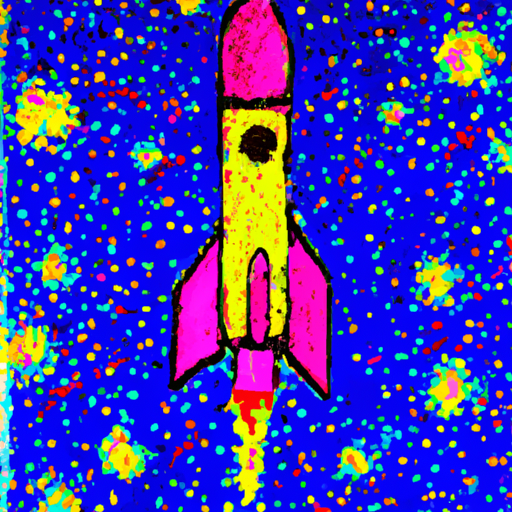 Create a vibrant painting of a rocket soaring through a starry night sky, with bright colors of pink, blue, and yellow. Art type: Pointillism.