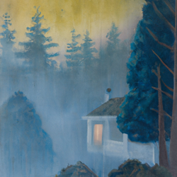 Create a foggy, surreal landscape painting of a cozy cabin in the Oregon woods. Use a mix of watercolor and oil paints to capture the misty atmosphere.