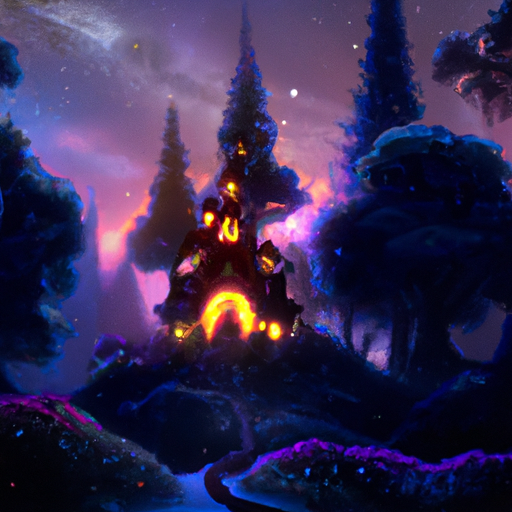 Create a high-def, 4K, crisp digital art piece of an enchanted forest with a treehouse cottage in many thick pine trees. The night sky should be filled with aurora borealis and stars, the trees should be lush. Make it look like a magical fantasy scene!