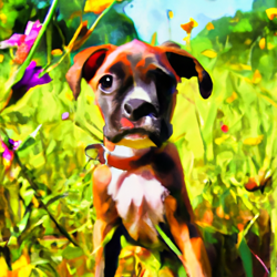 Create a realistic painting of a cute puppy outside in a field of wildflowers. The puppy should be a brindle boxer with big, floppy ears and a bright, happy expression. The background should be a bright, sunny day with a light breeze blowing through the wildflowers. Use a watercolor art style to capture the beauty of the scene.