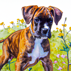 Create a watercolor painting of a cute boxer puppy with floppy ears and brindle fur, playing in a field of wild flowers. 