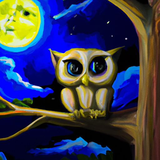 Create a painting of an owl perched in a tree at night. The owl should be illuminated by a full moon, and the tree should be surrounded by a starry sky. The painting should be done in a surrealist style.