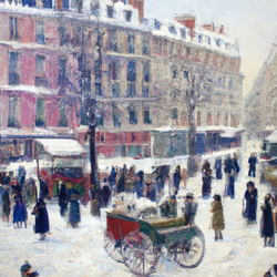 This scene of a bustling Parisian square on an overcast winter day was one of fifteen paintings that Camille Pissarro executed from his hotel window in 1897 and 1898. Best known for his Impressionist rural landscapes. These cityscapes maintain the same sensitivity to light and atmospheric conditions, such as cloud cover, which distinguished his earlier scenes.