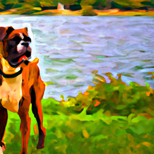 A boxer dog stands at the edge of a lake, its fur rippling in the wind. Its eyes are bright and alert, and its tail is wagging. Create a painting of this scene in the style of Impressionism.