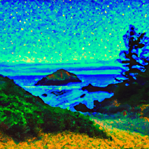 Create a night scene of the Oregon coast, inspired by the style of Van Gogh. Show a beach with trees, rocks, and the ocean, illuminated by stars. Use a pointillism art style to capture the beauty of the night.