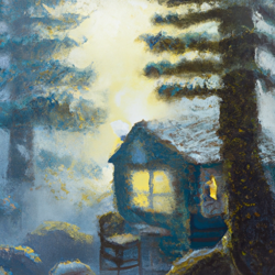 Create a foggy, surreal landscape painting of a cozy cabin in the Oregon woods. Use a mix of watercolor and oil paints to capture the misty atmosphere.